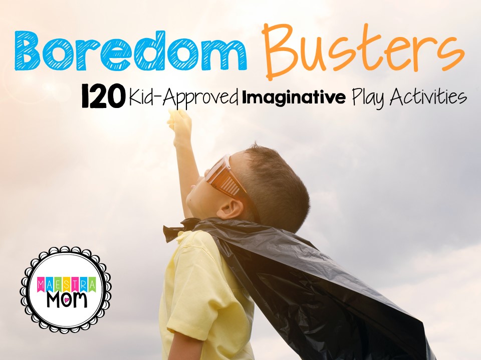 Boredom Busters 120 Pretend Play Activity Cards for summer essentials.  Boy in a superhero cape.