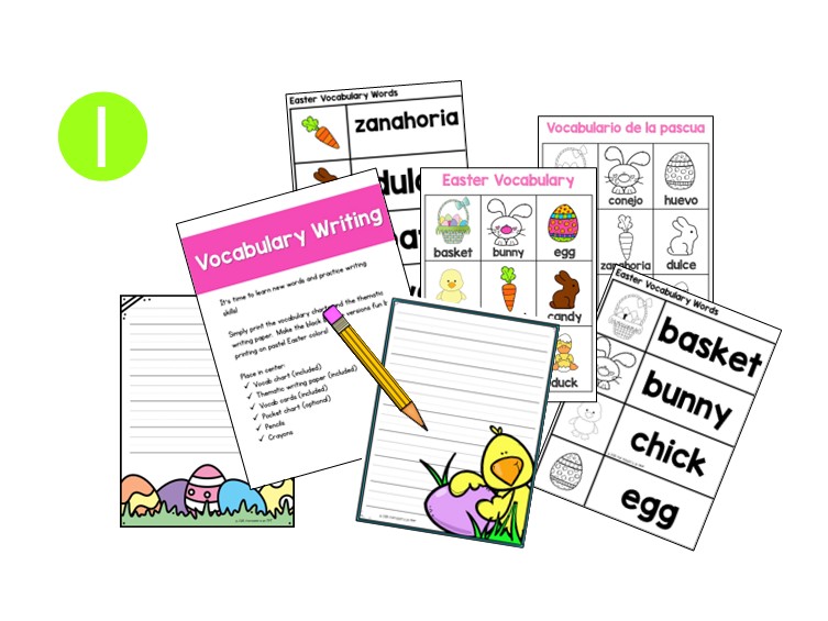 Preschool Easter literacy centers vocabulary and writing