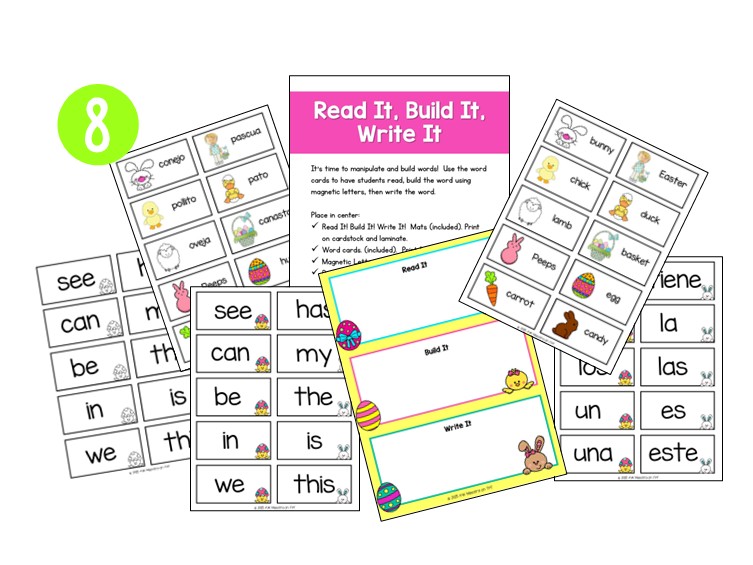 Pre-K Easter literacy centers read it - build it - write it game